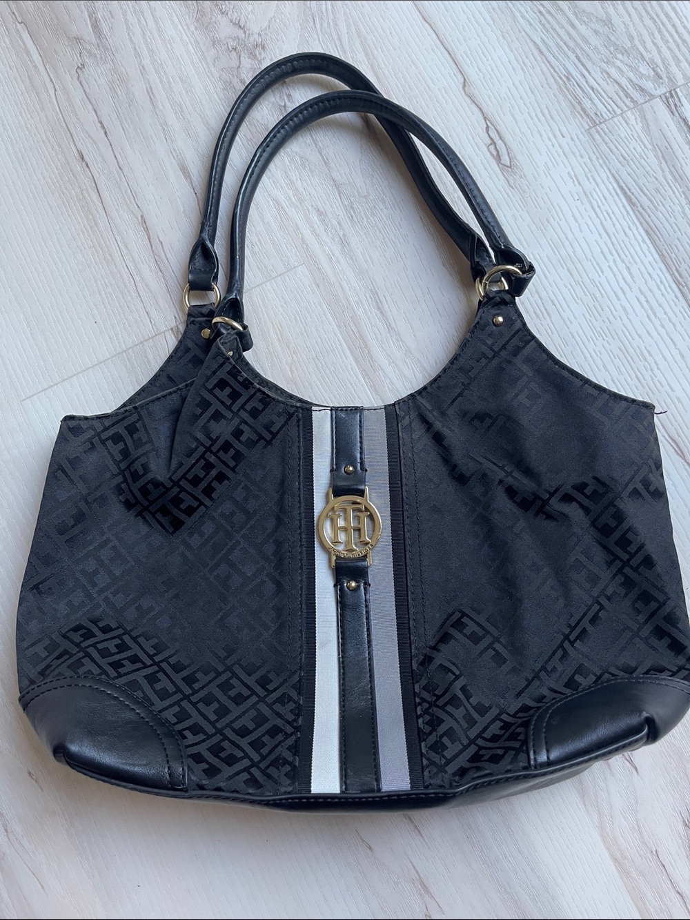 Tommy Hilfiger Black Shoulder Tote with White & Gray Center Stripe